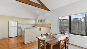 Fridge, dishwasher, toaster, cookware/dishes/utensils