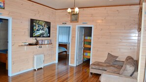A cozy room with wooden walls, a television, a bookshelf, a radiator, and a sofa.
