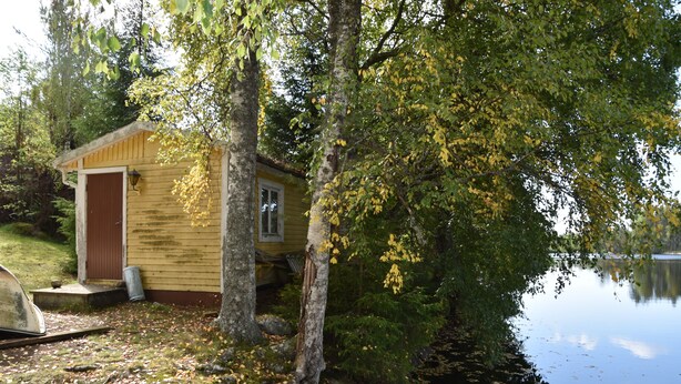 Una pequeña cabaña de madera junto a un lago, rodeada de árboles y un muelle.