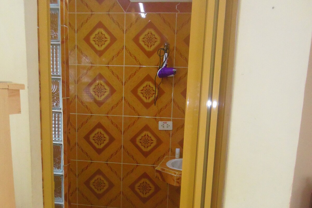 A bathroom with patterned tiles, a shower, a toilet, and a colorful mat.