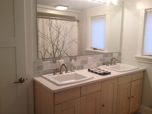Hair dryer, towels, soap, toilet paper