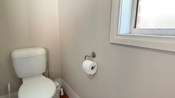 Un baño con inodoro, un rollo de papel higiénico en la pared y una ventana.