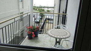 A balcony with a potted plant and a small table with chairs. - Sea View Apartment   situated on the seafront near the village Salthill (Galway)