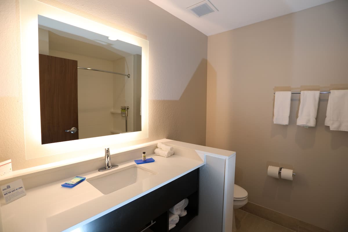 A bathroom with a white sink, a mirror, a towel rack, and a toilet.