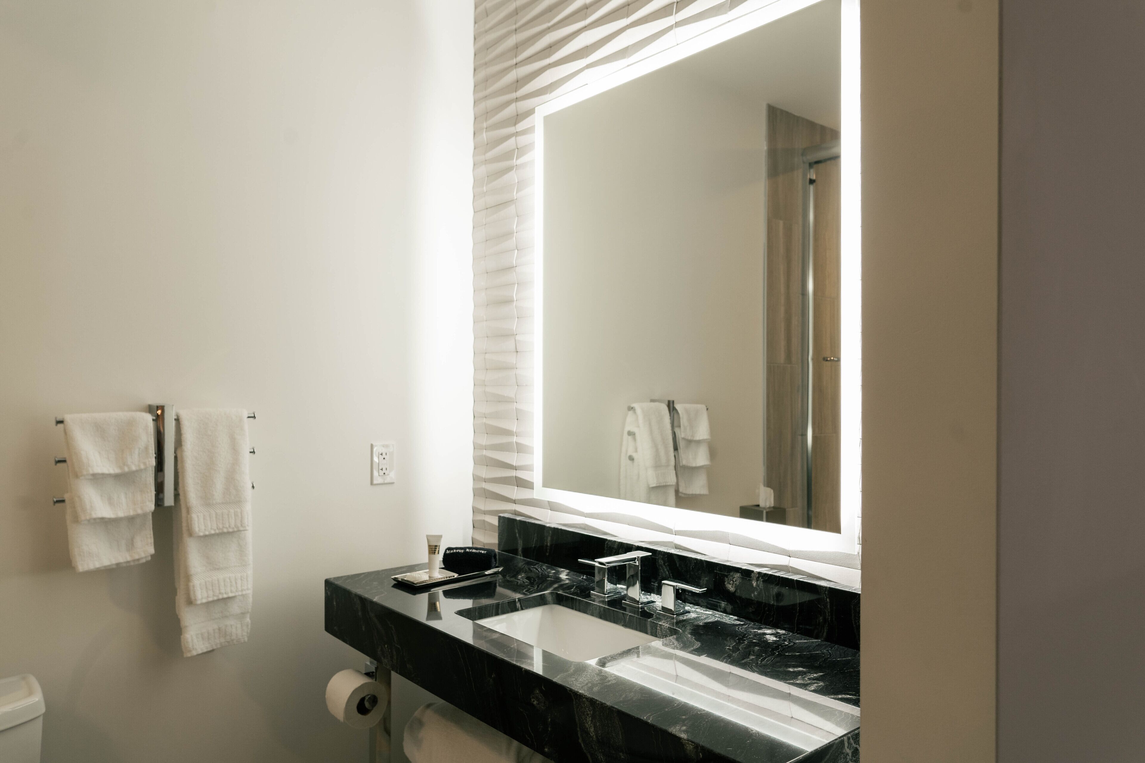 shower, rainfall showerhead, designer toiletries, hair dryer