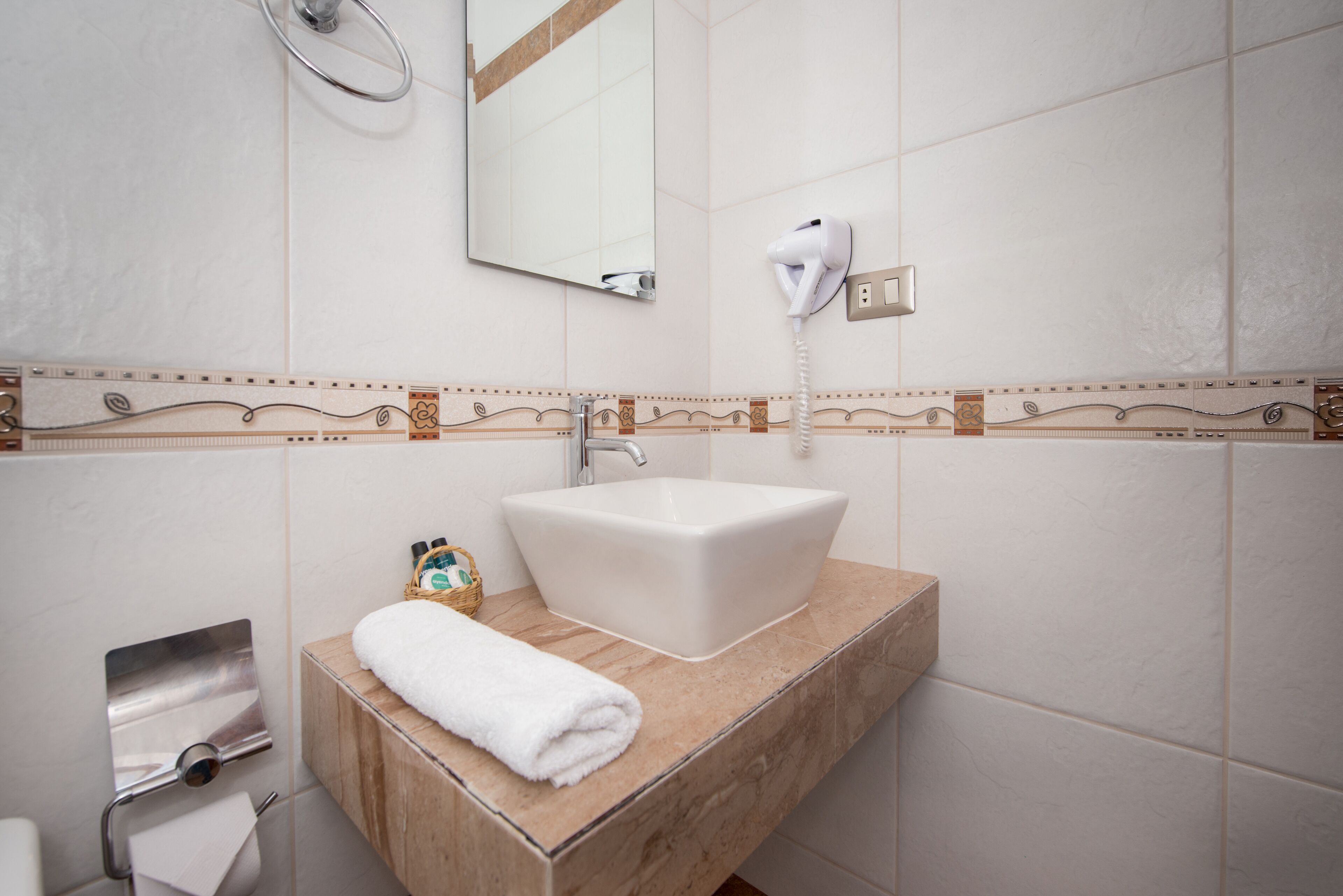 superior twin room | bathroom | shower, hair dryer, towels