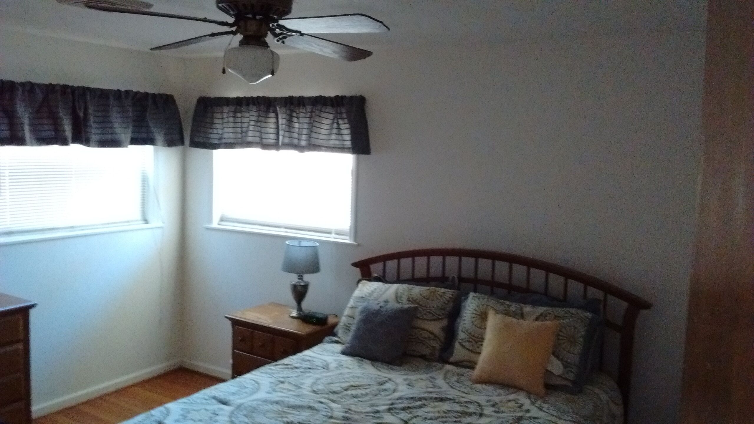 A bedroom with a bed, a nightstand, a lamp, a ceiling fan, and two windows with curtains.
