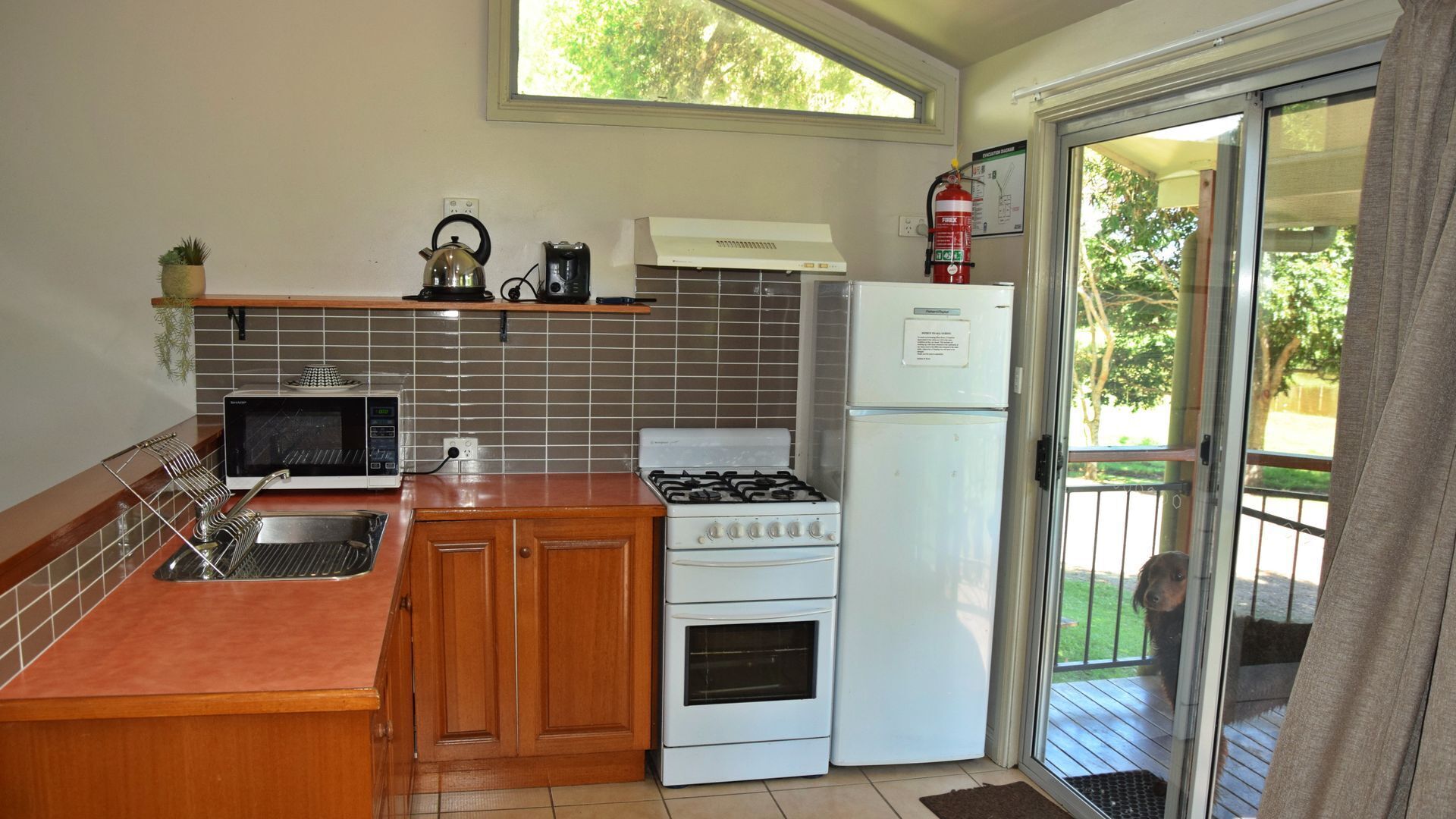 Fridge, microwave, oven, toaster