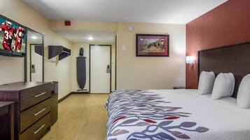 Desk, laptop workspace, blackout drapes, free cribs/infant beds