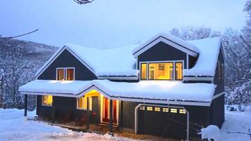 A two-story house with a snow-covered roof and a garage.