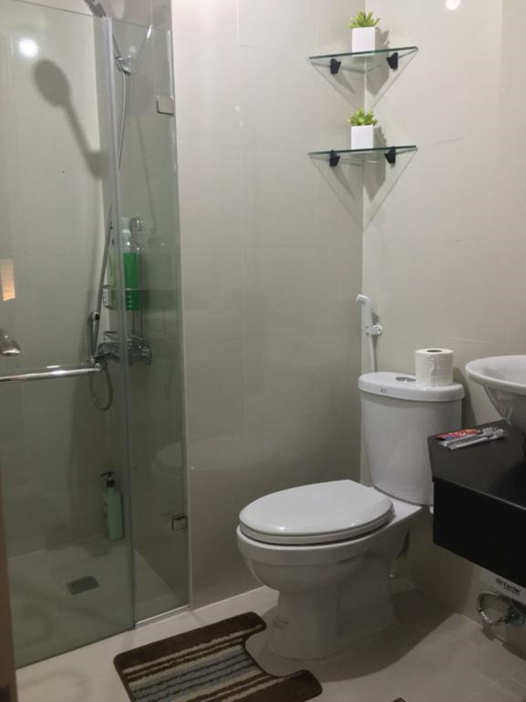 A modern bathroom with a glass shower enclosure, a toilet, a sink, and a small shelf with plants.