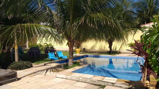 Una piscina rodeada de palmeras y un muro amarillo.