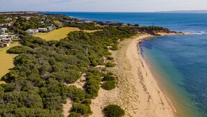 An aerial view of a coastal area with a sandy beach, dense greenery, and residential buildings. - 9 Boat Creek by the beach in Ventnor (Ventnor)