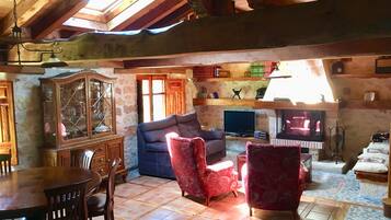 Télévision, cheminée, chaîne hi-fi