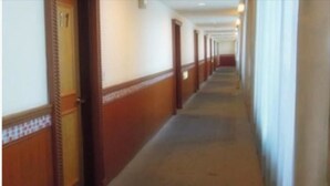 Un largo pasillo estrecho con puertas de madera y suelo cubierto de alfombra.