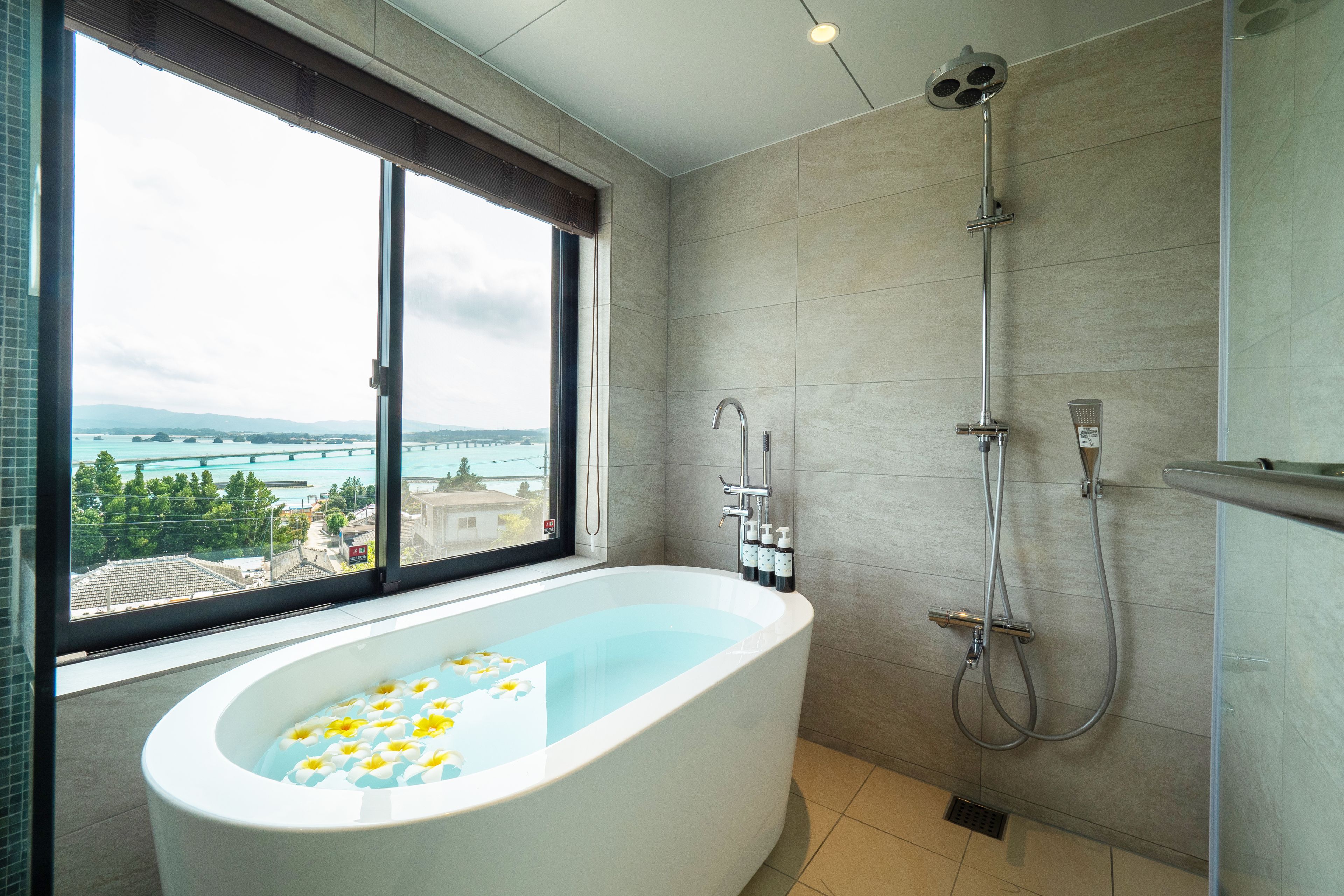 separate bathtub and shower, deep-soaking bathtub, free toiletries