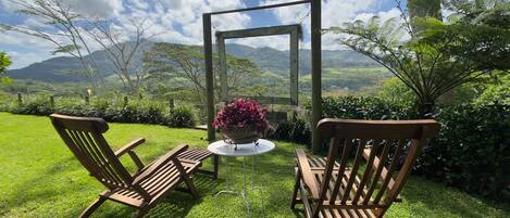 A garden with two wooden chairs and a table, surrounded by lush greenery and a mountain view.