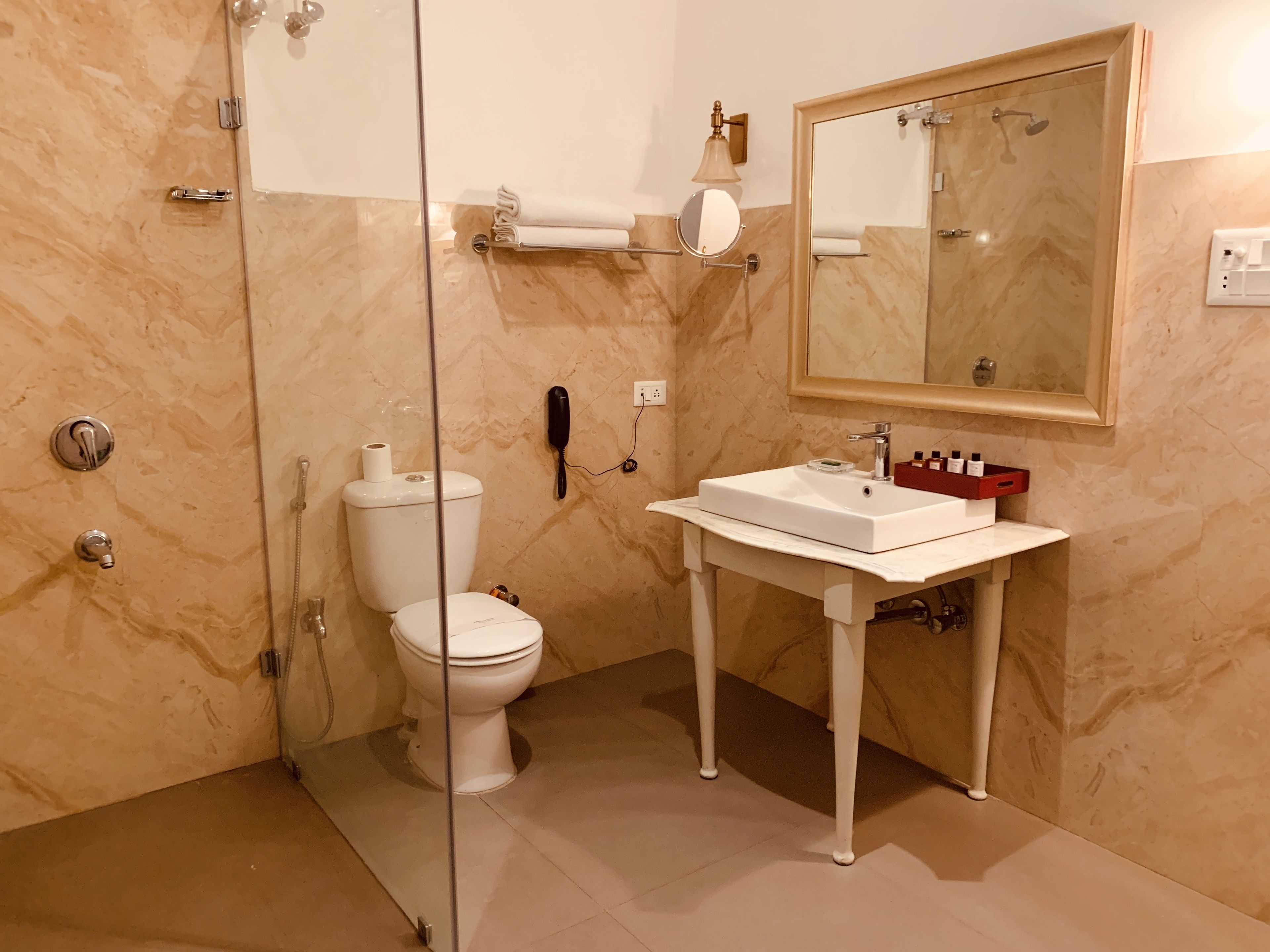 shower, free toiletries, slippers