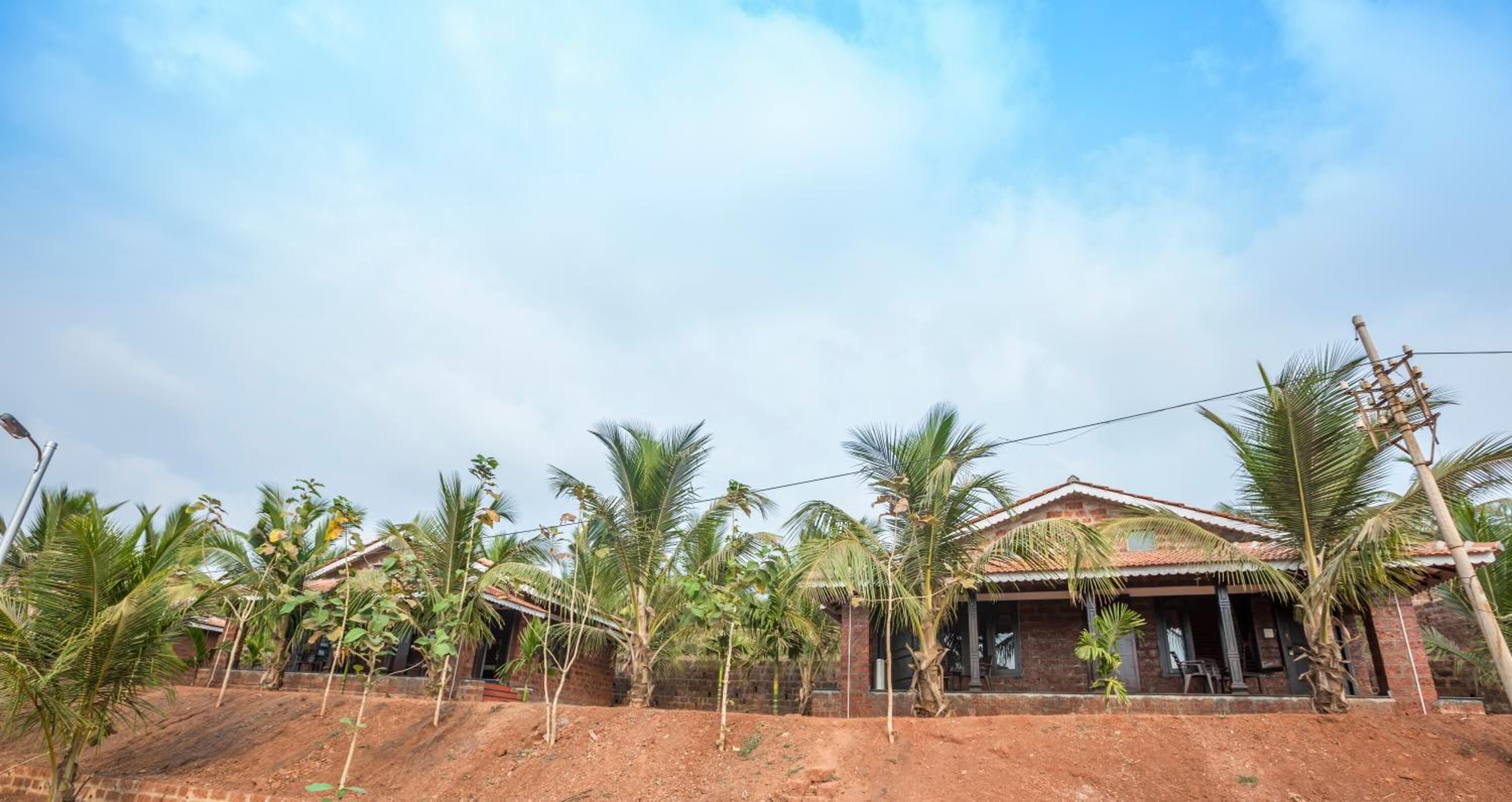 A brick house with a tiled roof, surrounded by palm trees and a clear sky.