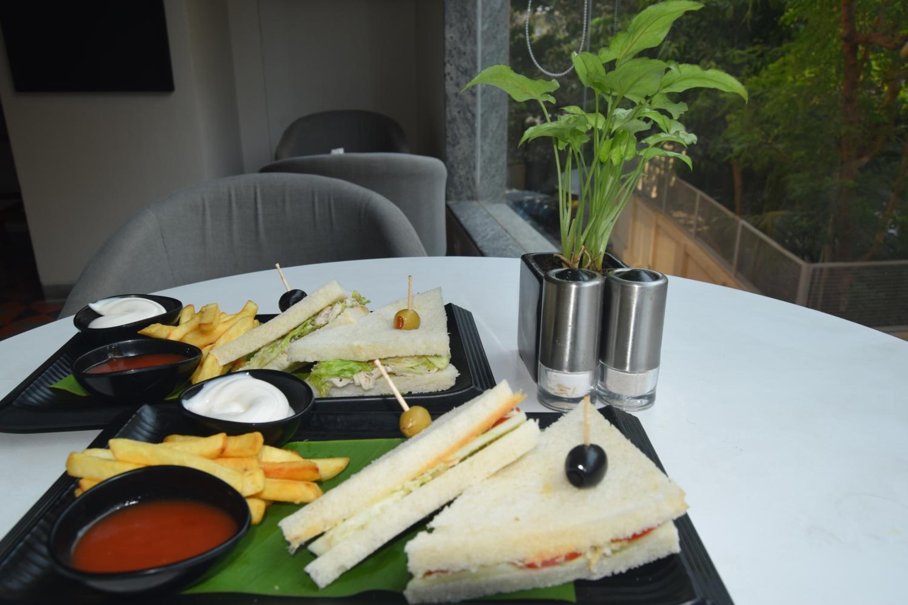 A table with a sandwich, fries, and dipping sauces, with a plant and salt and pepper shakers in the background.