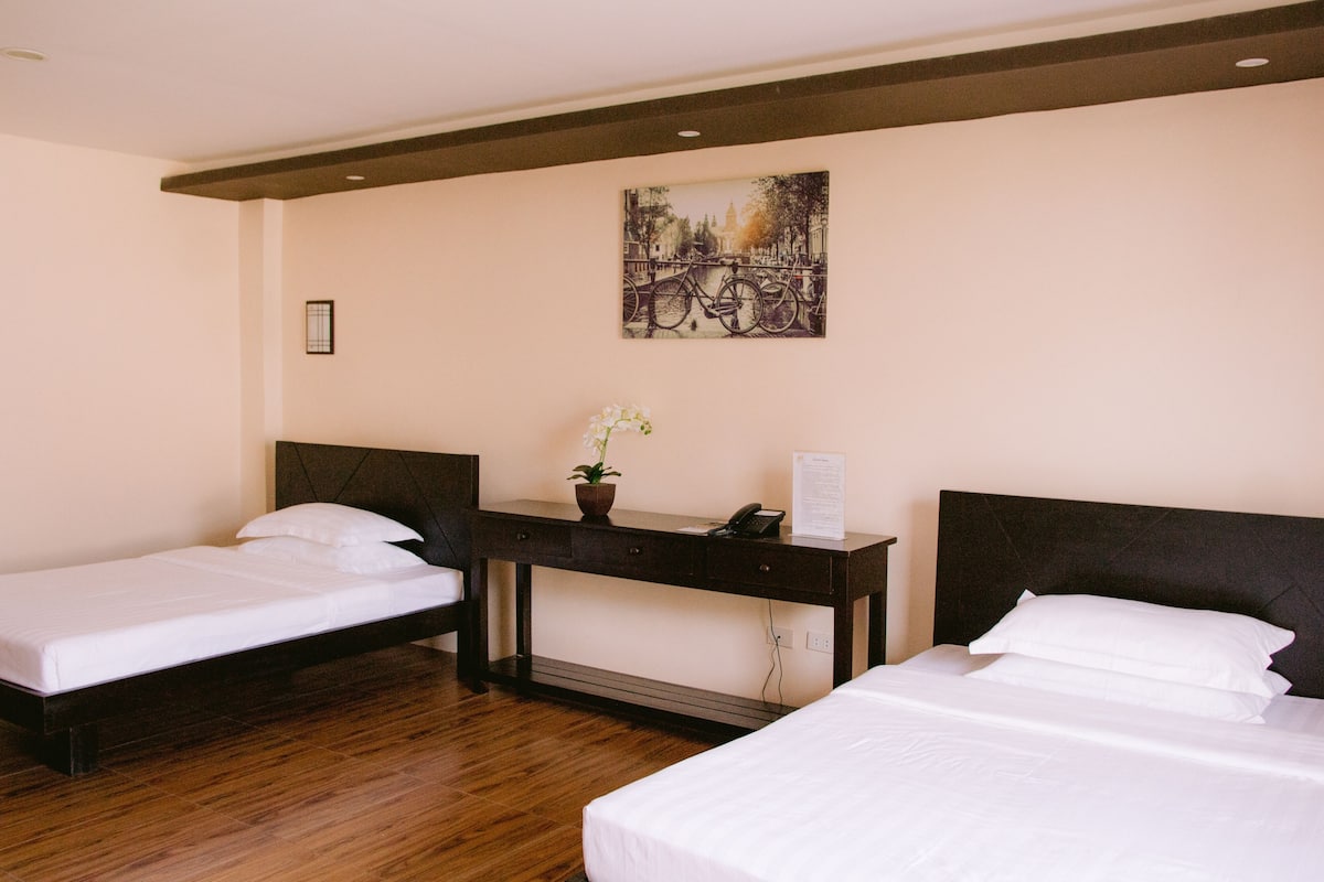 A hotel room with two single beds, a wooden desk, a small potted plant, and a wall-mounted picture.