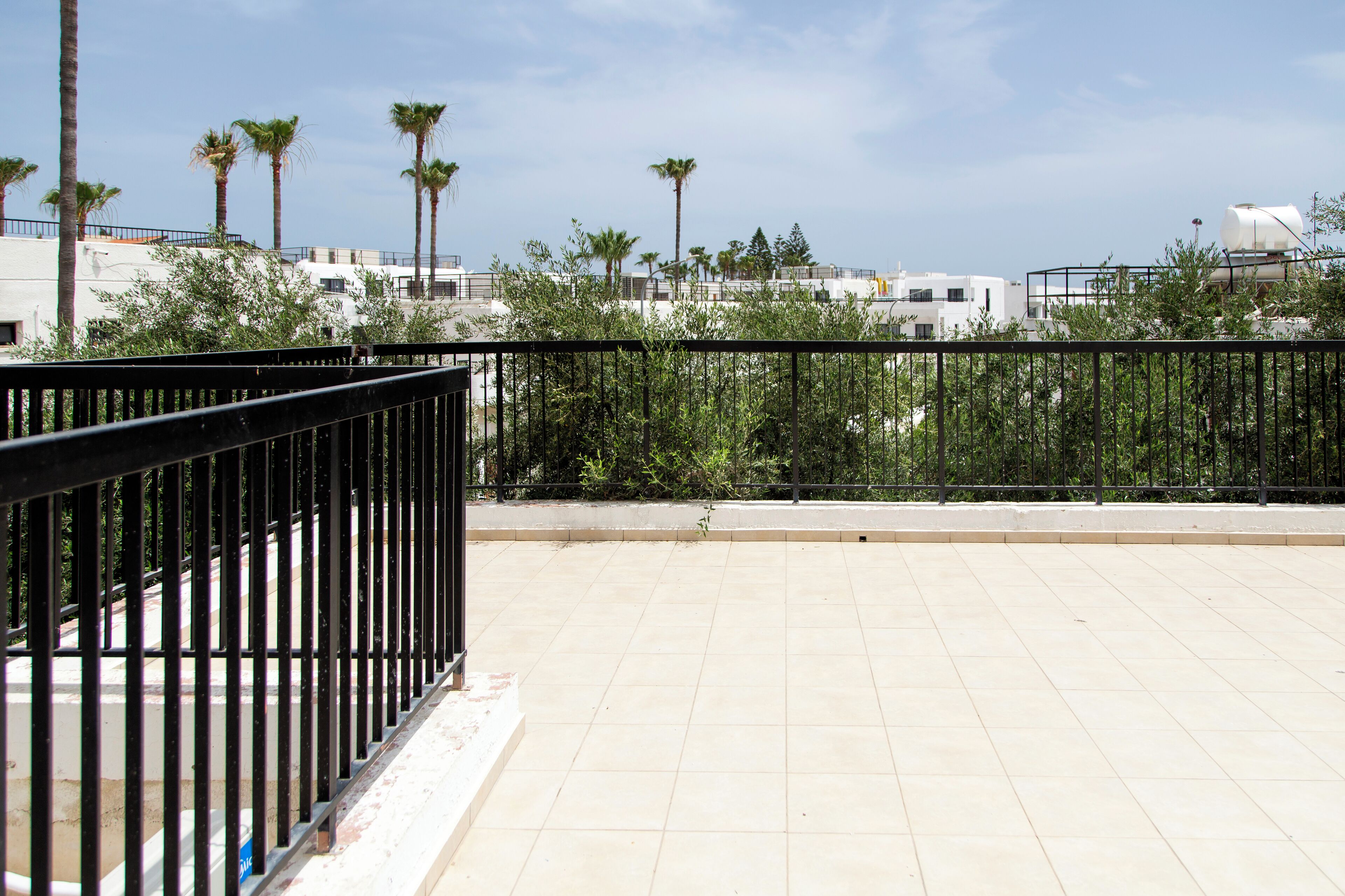 Una terrazza sul tetto con pavimento piastrellato, circondata da un parapetto in metallo nero, palme e edifici sullo sfondo.