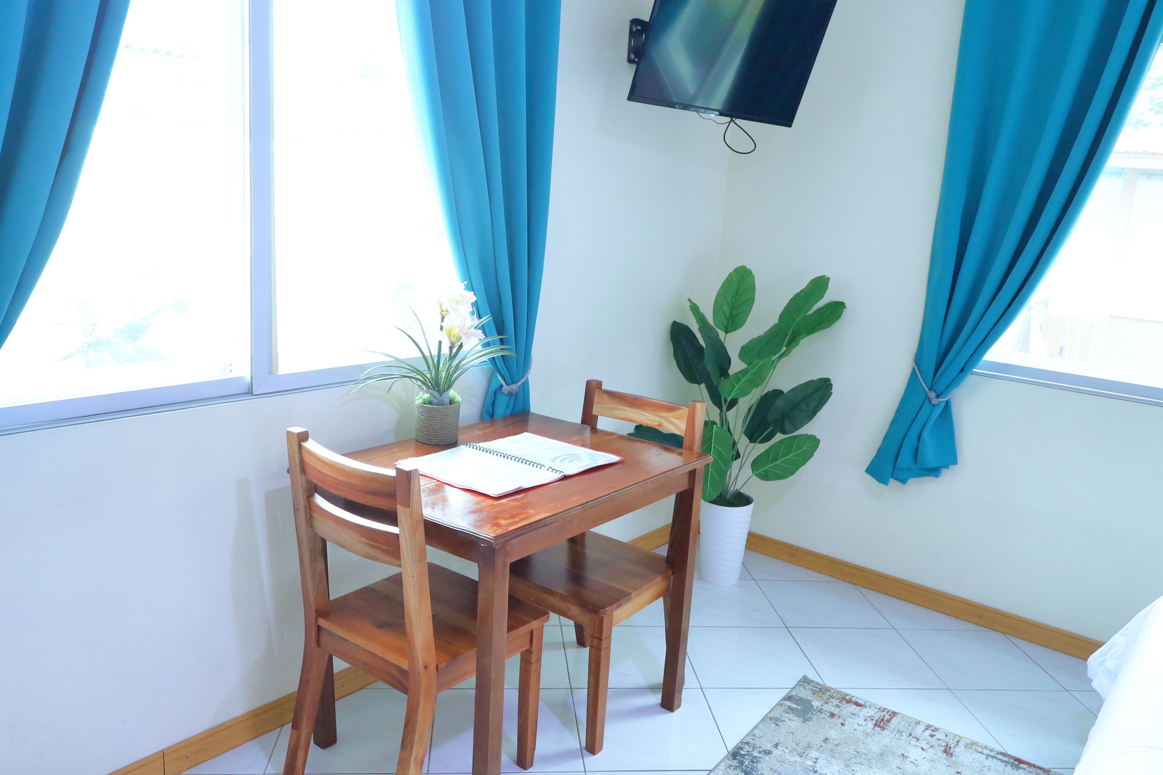 A dining area with a wooden table and chairs, a potted plant, and a wall-mounted television.