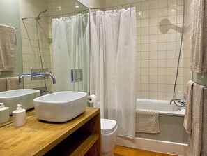 Combined shower/bathtub, hair dryer, towels, soap