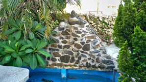 A small pond with a stone wall and surrounding greenery. - Yu Lei B&B (Huxi)