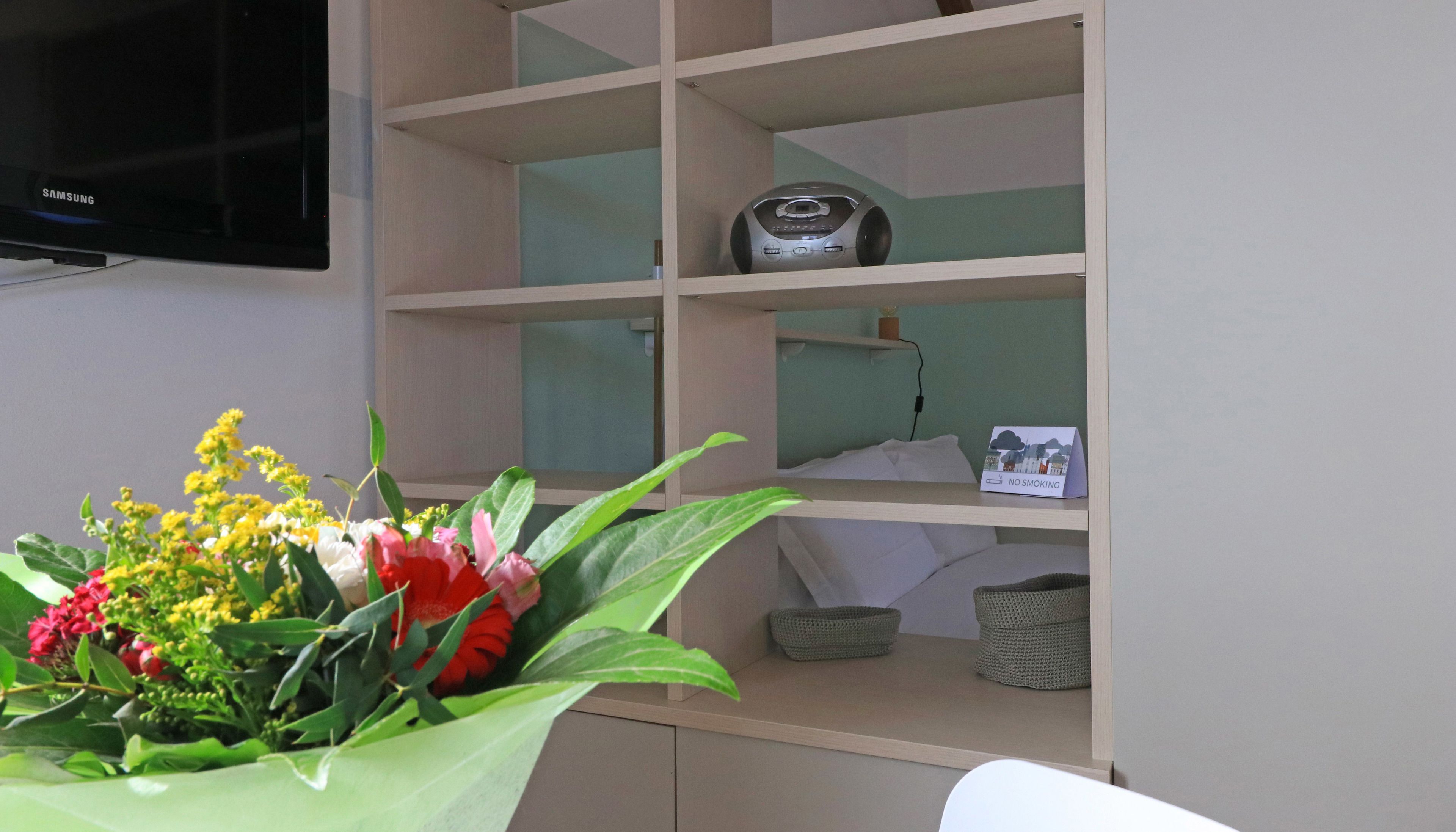 A room with a flat-screen TV, a shelf with a radio, a 'No Smoking' sign, and a plant with flowers.