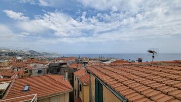 A coastal cityscape with terracotta-roofed buildings, a clear sky, and a view of the sea.