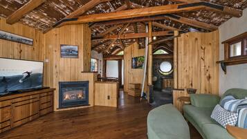 TV layar datar, perapian, dan pemutar DVD