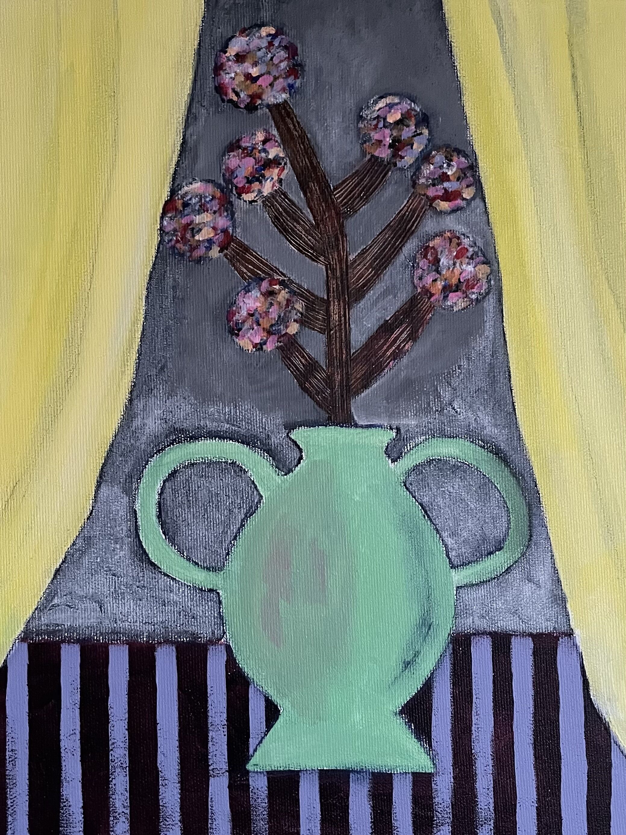 A painting of a vase with flowers and a striped pattern below.