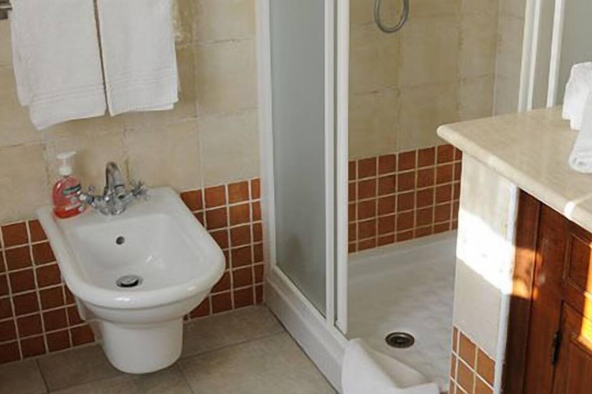 Un baño con inodoro, bidé, ducha y lavamanos.