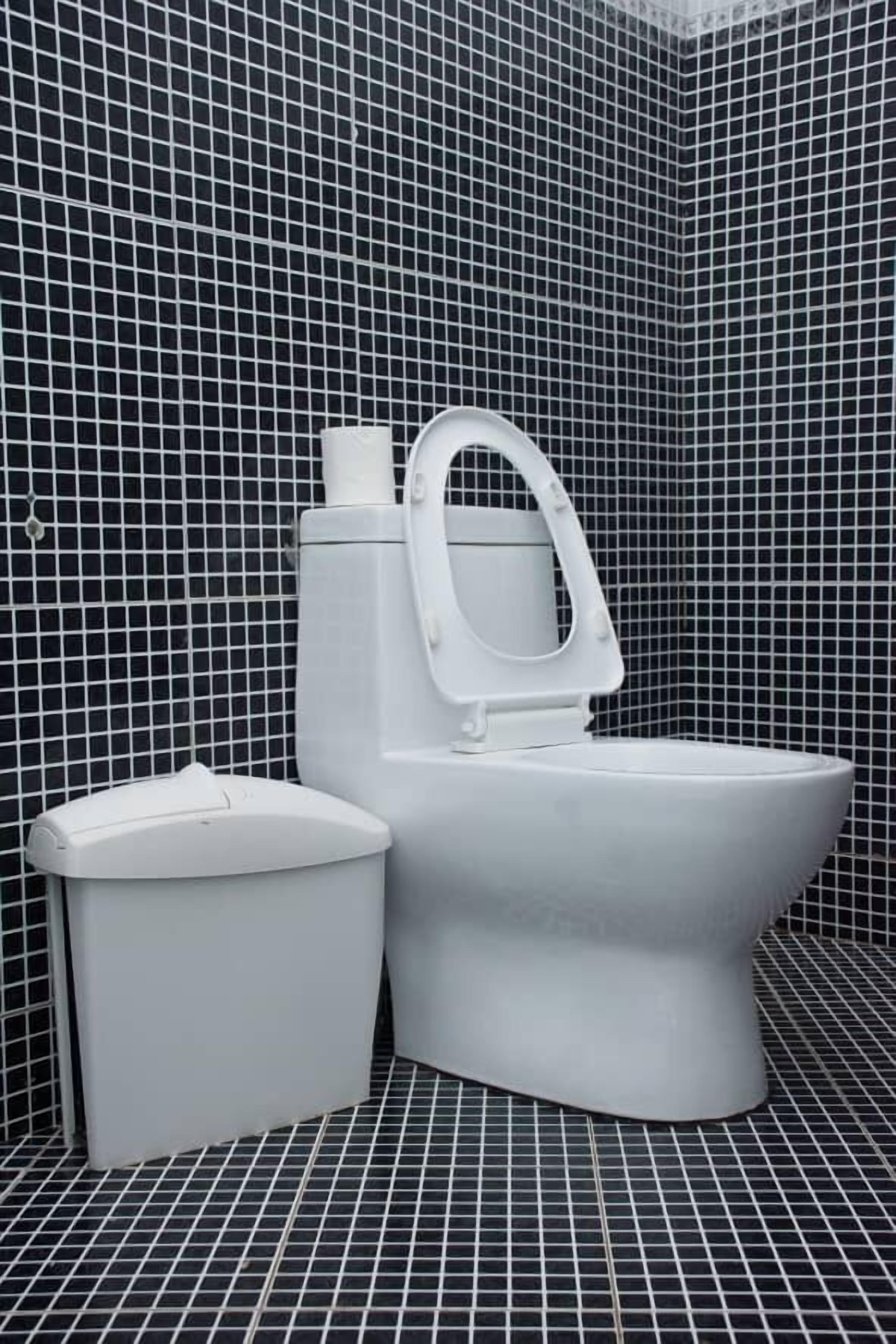 A bathroom with a toilet and a trash bin against a tiled wall.