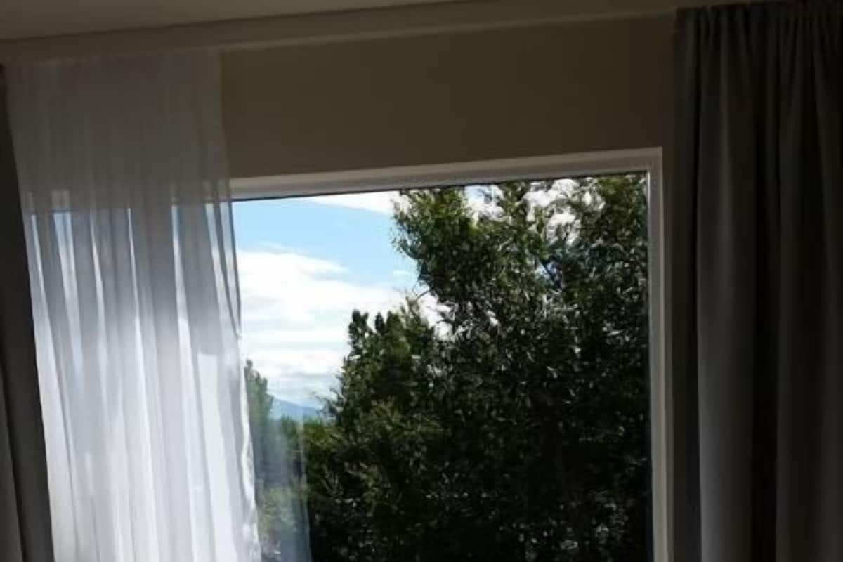 A room with a bed, a window with curtains, and a view of trees and a building outside.