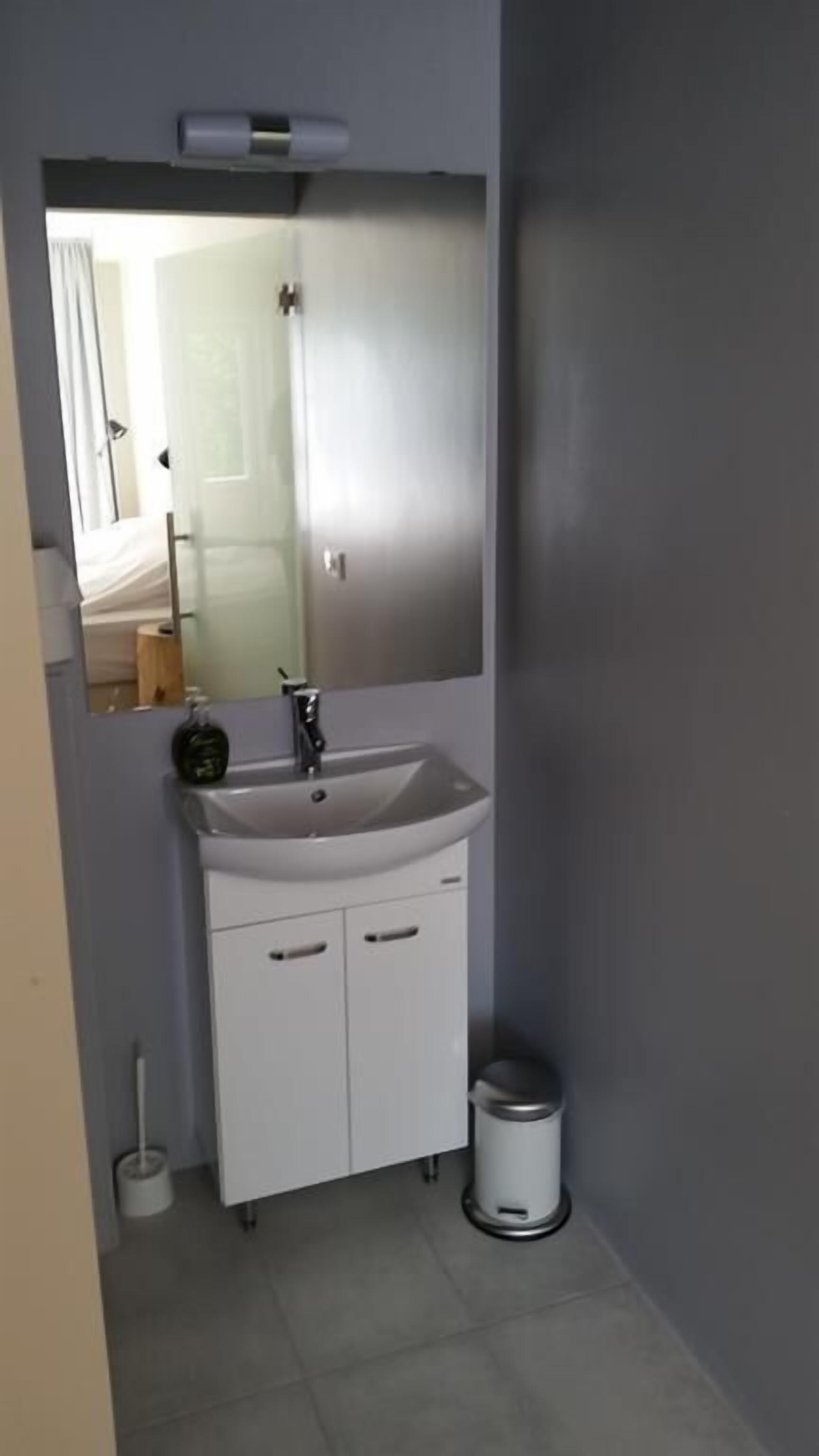 Une salle de bain avec un lavabo blanc, un miroir et un meuble.