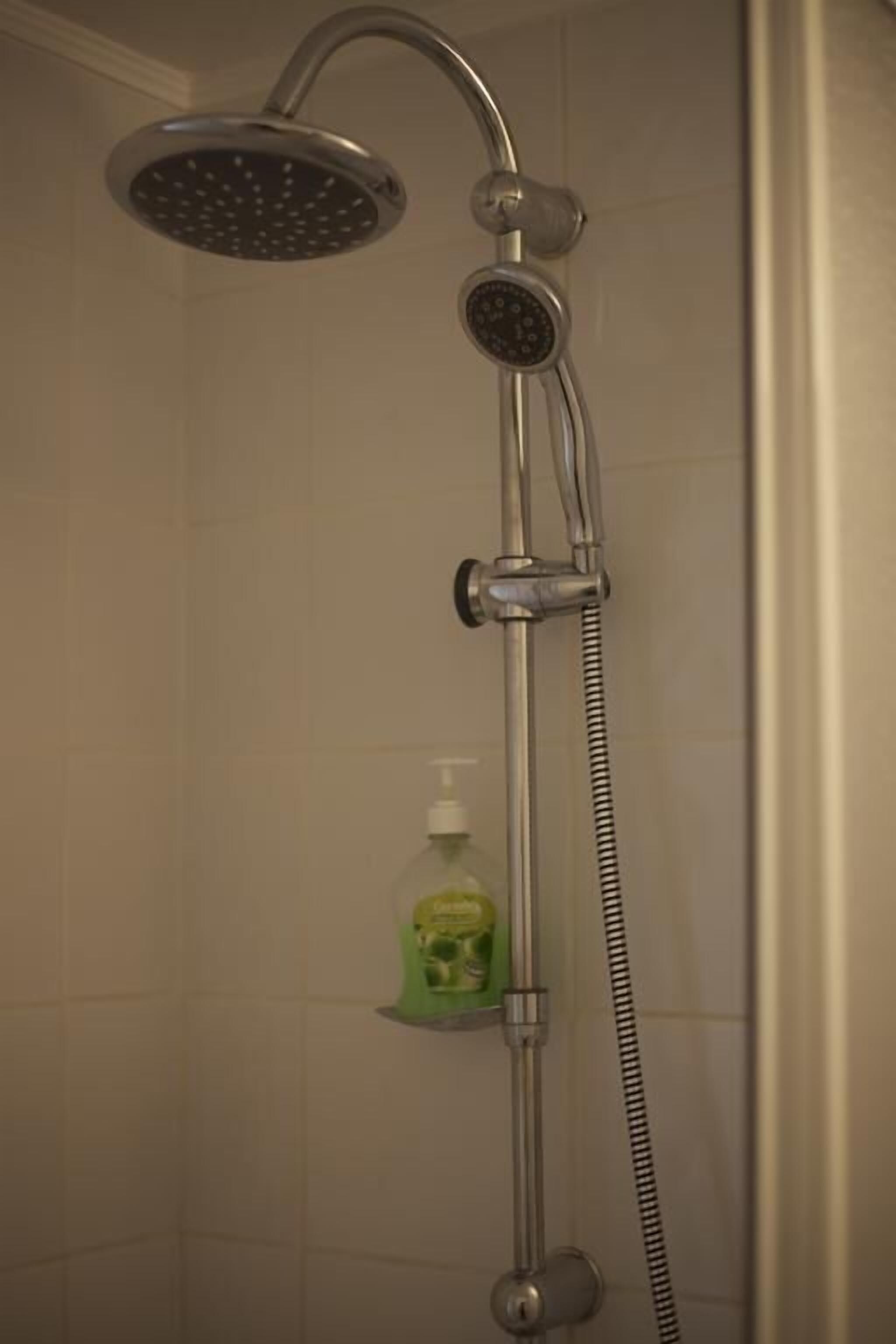 A shower with a handheld showerhead and a handheld faucet.