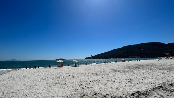 Une plage avec des parasols, des chaises et des gens.