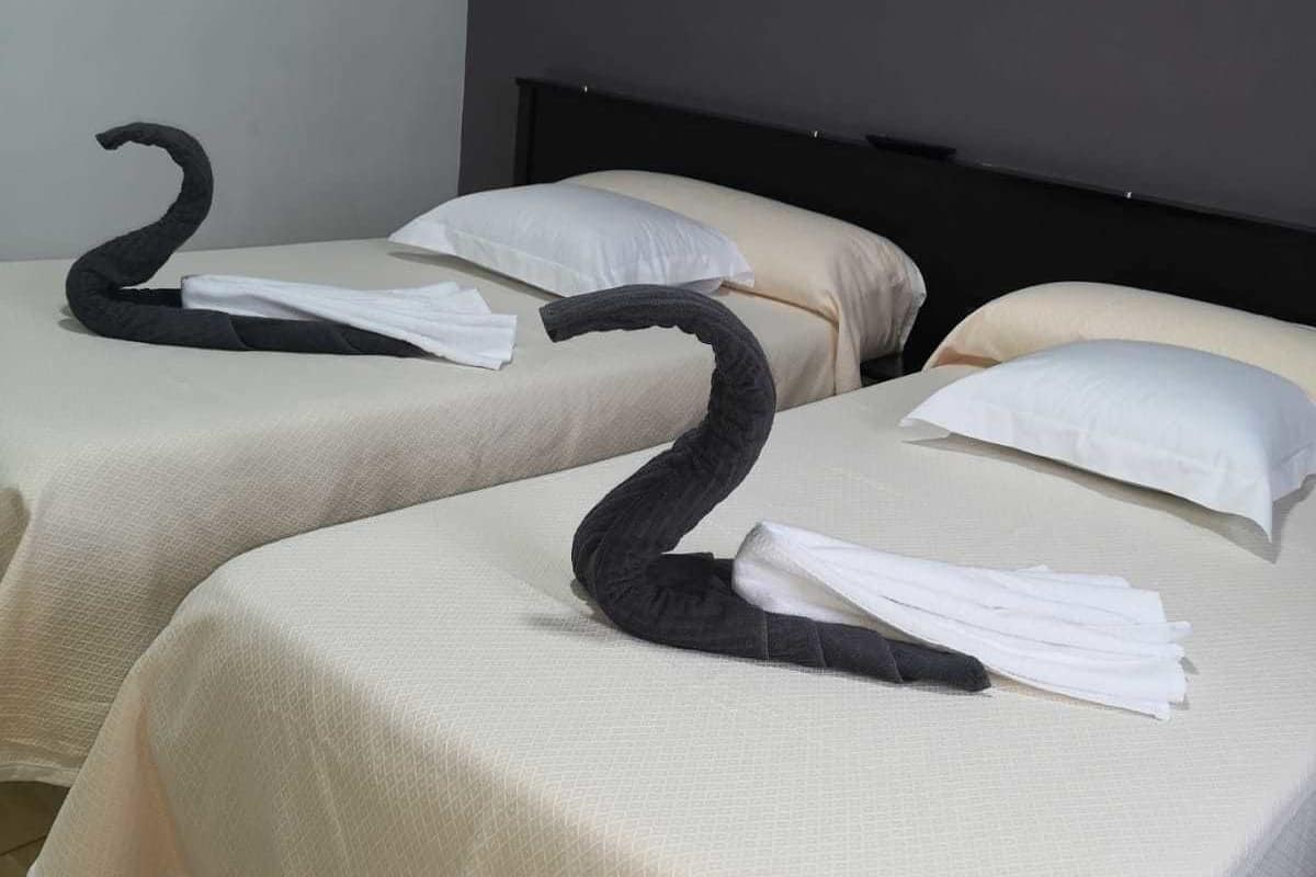 Dos camas con sábanas blancas y toallas con forma de cisne negro.