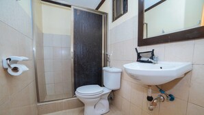 Une salle de bain avec des toilettes, un lavabo et une douche.