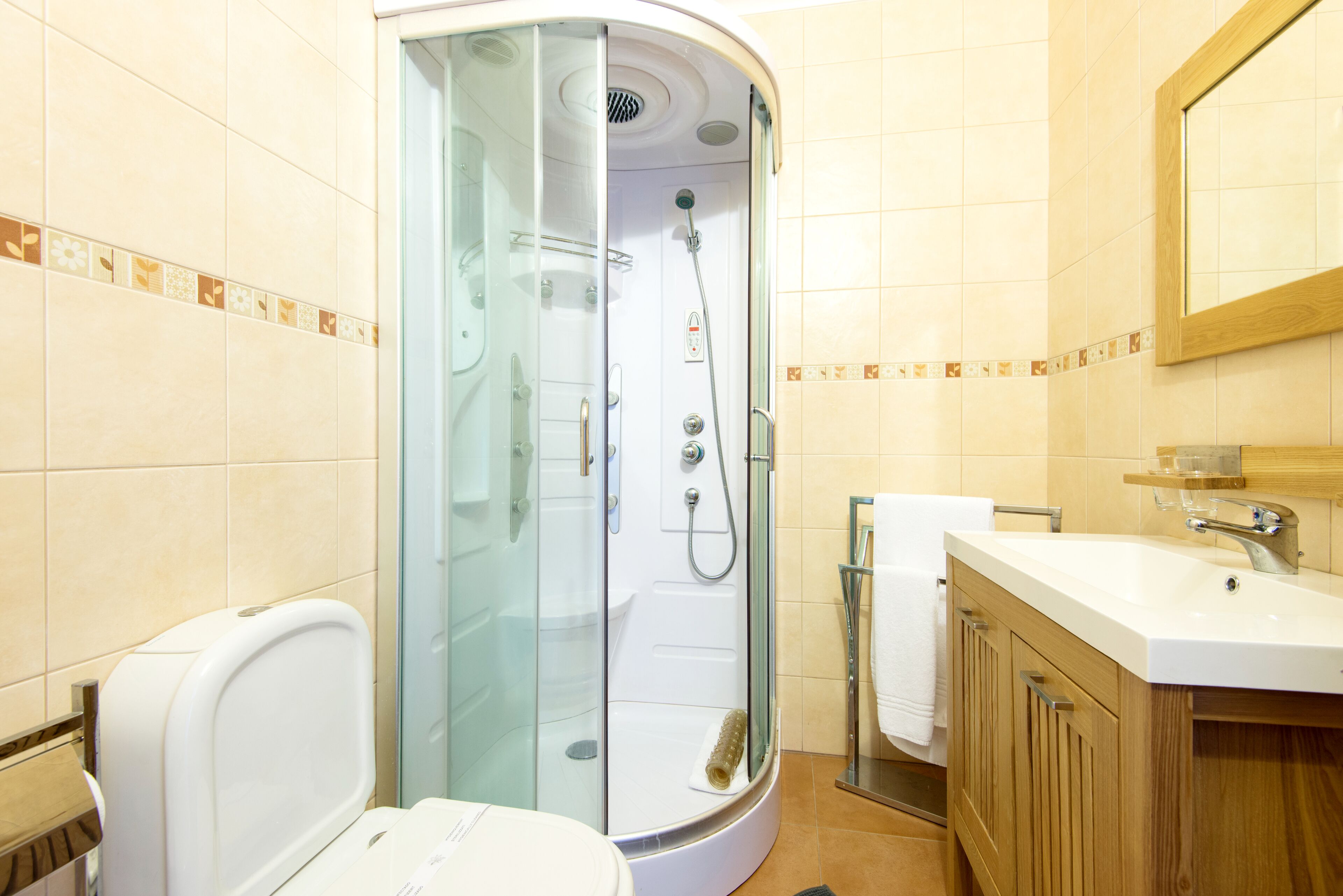 Douche, articles de toilette (gratuits), séchoir à cheveux