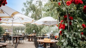An outdoor seating area with tables and chairs, covered by umbrellas, surrounded by greenery and trees. - Wellness- & Genusshotel Weisser Bär (Muelheim)