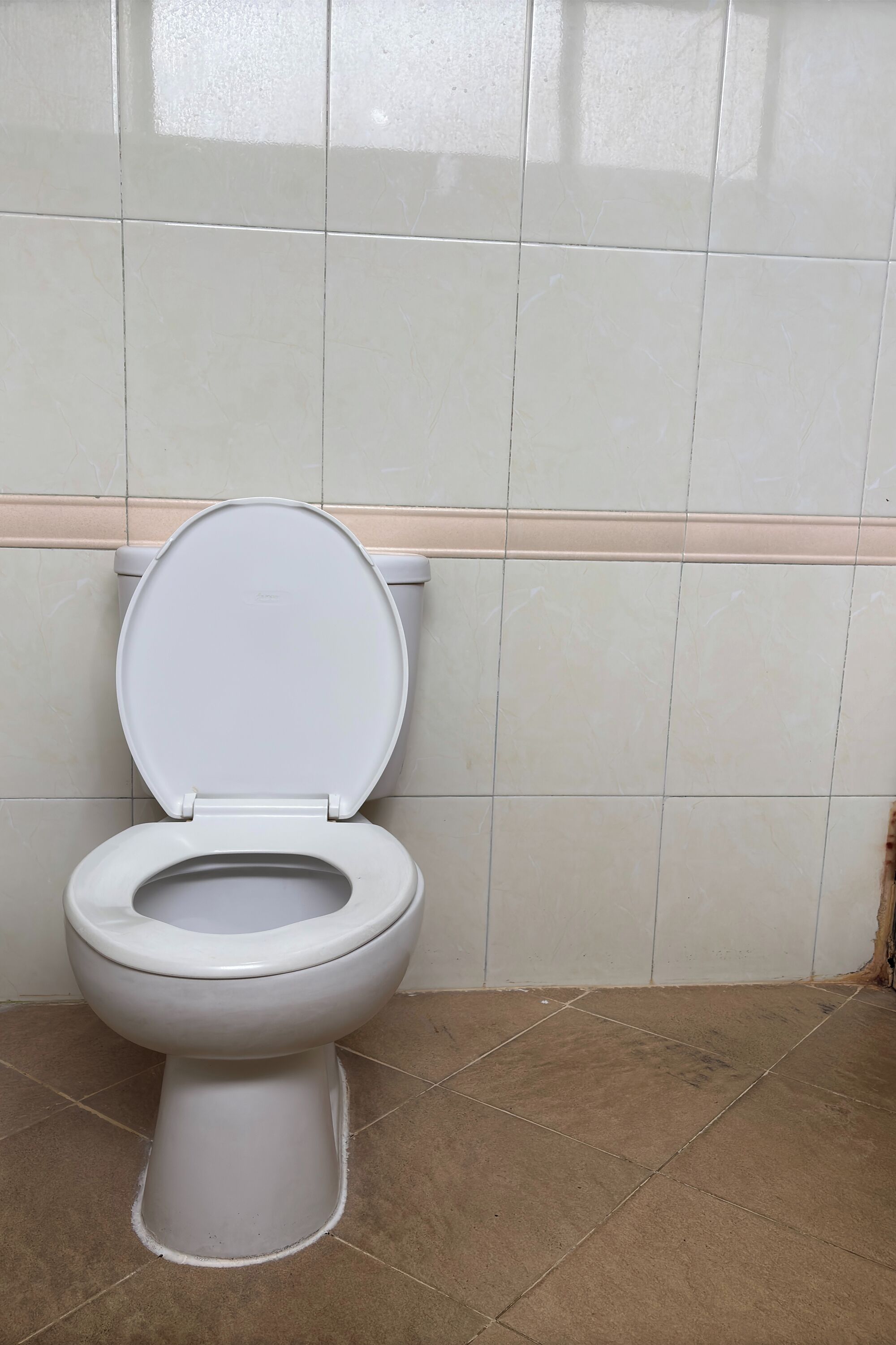 Des toilettes dans une salle de bain carrelée de carreaux beiges et dotée d’un sol de couleur claire.