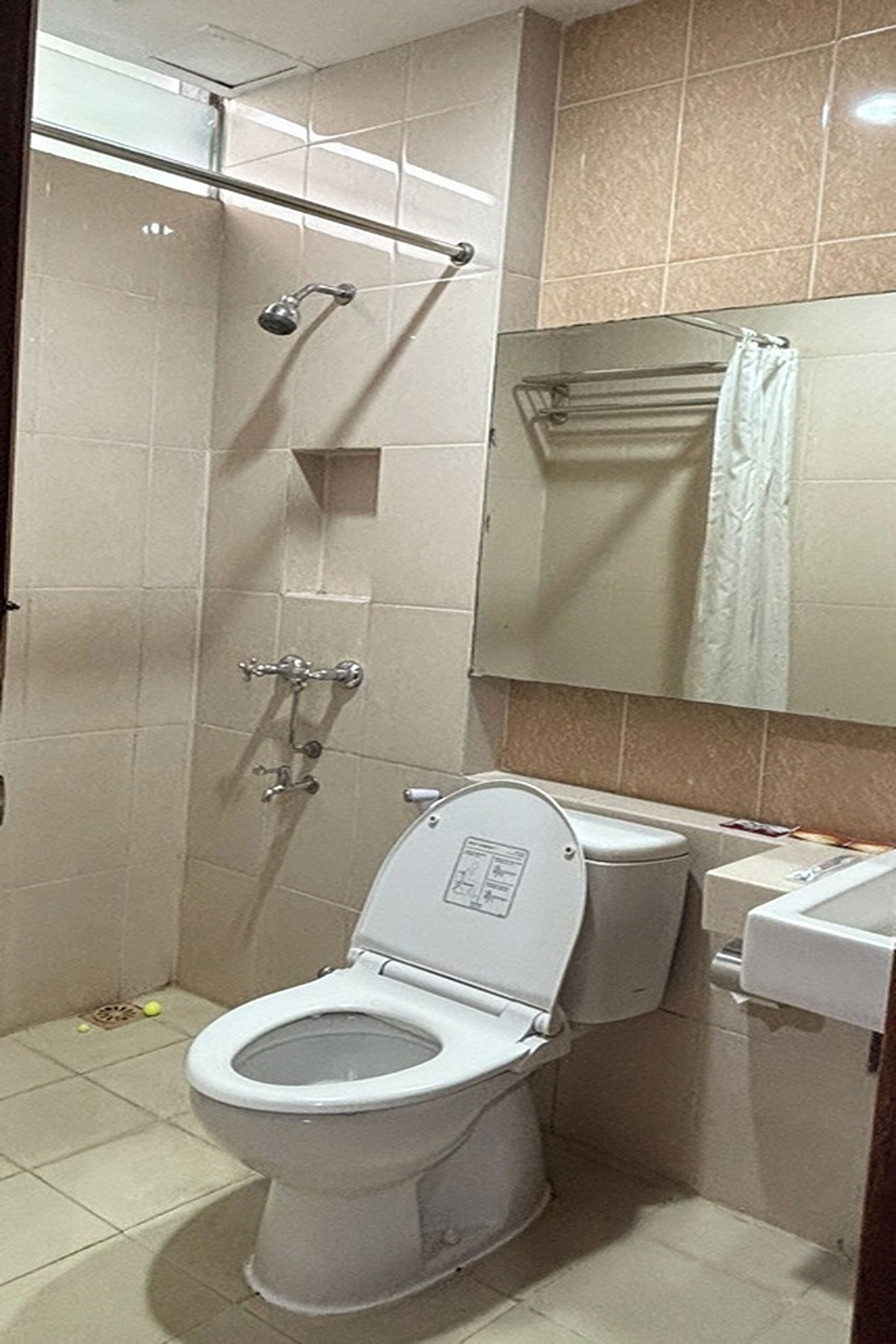 Een badkamer met een toilet, douche en wastafel.