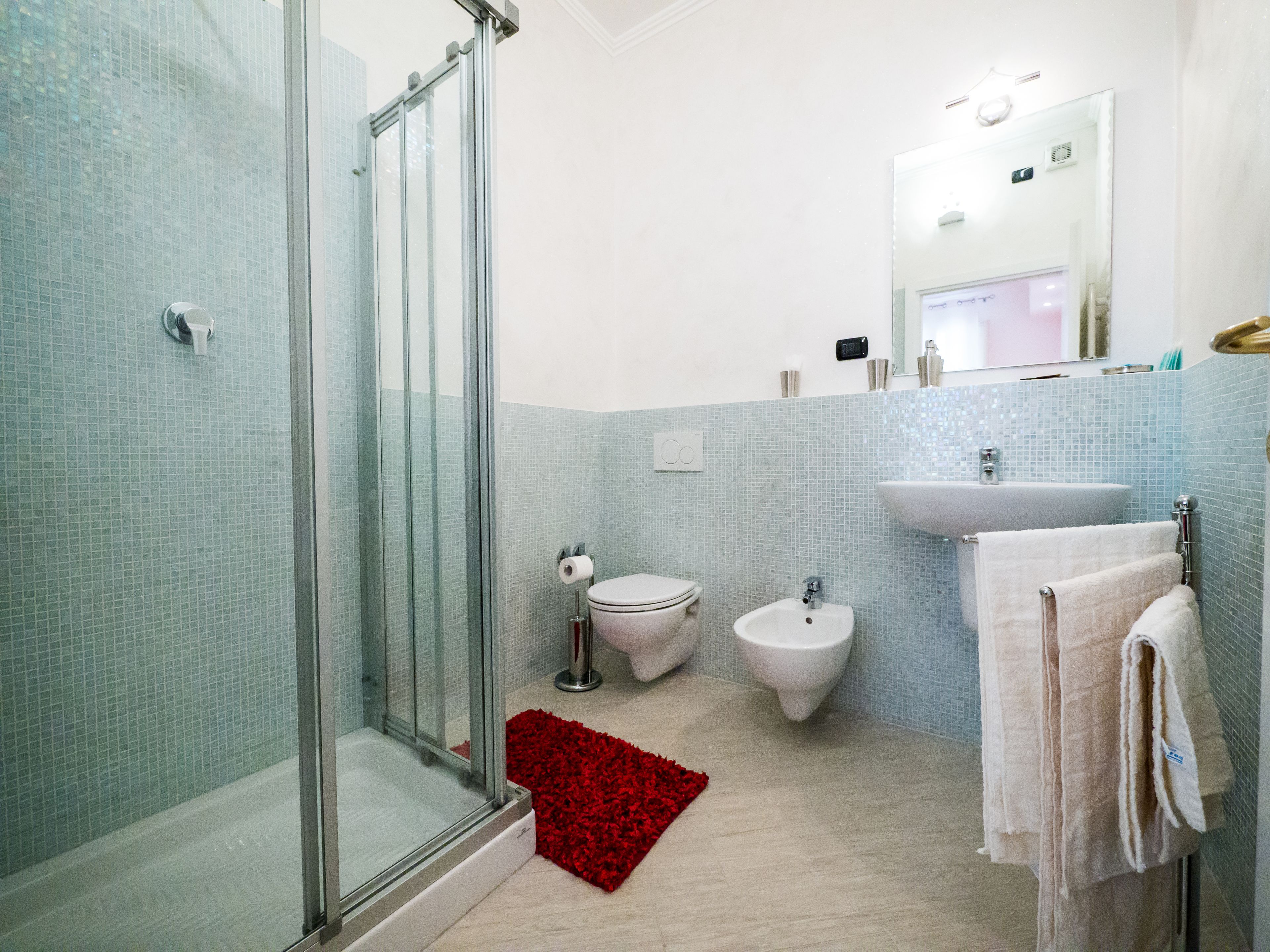 Een moderne badkamer met een douchecabine van glas, een toiletbril, een wastafel en een spiegel.