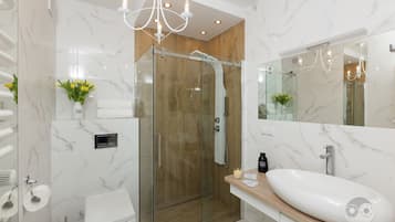 Shower, free toiletries, hair dryer, towels
