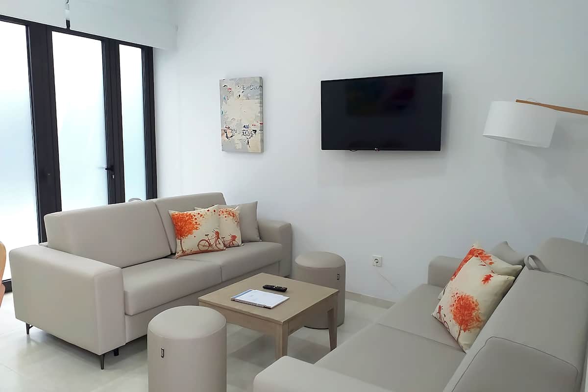 A modern living room with a sofa, a coffee table, and a TV.