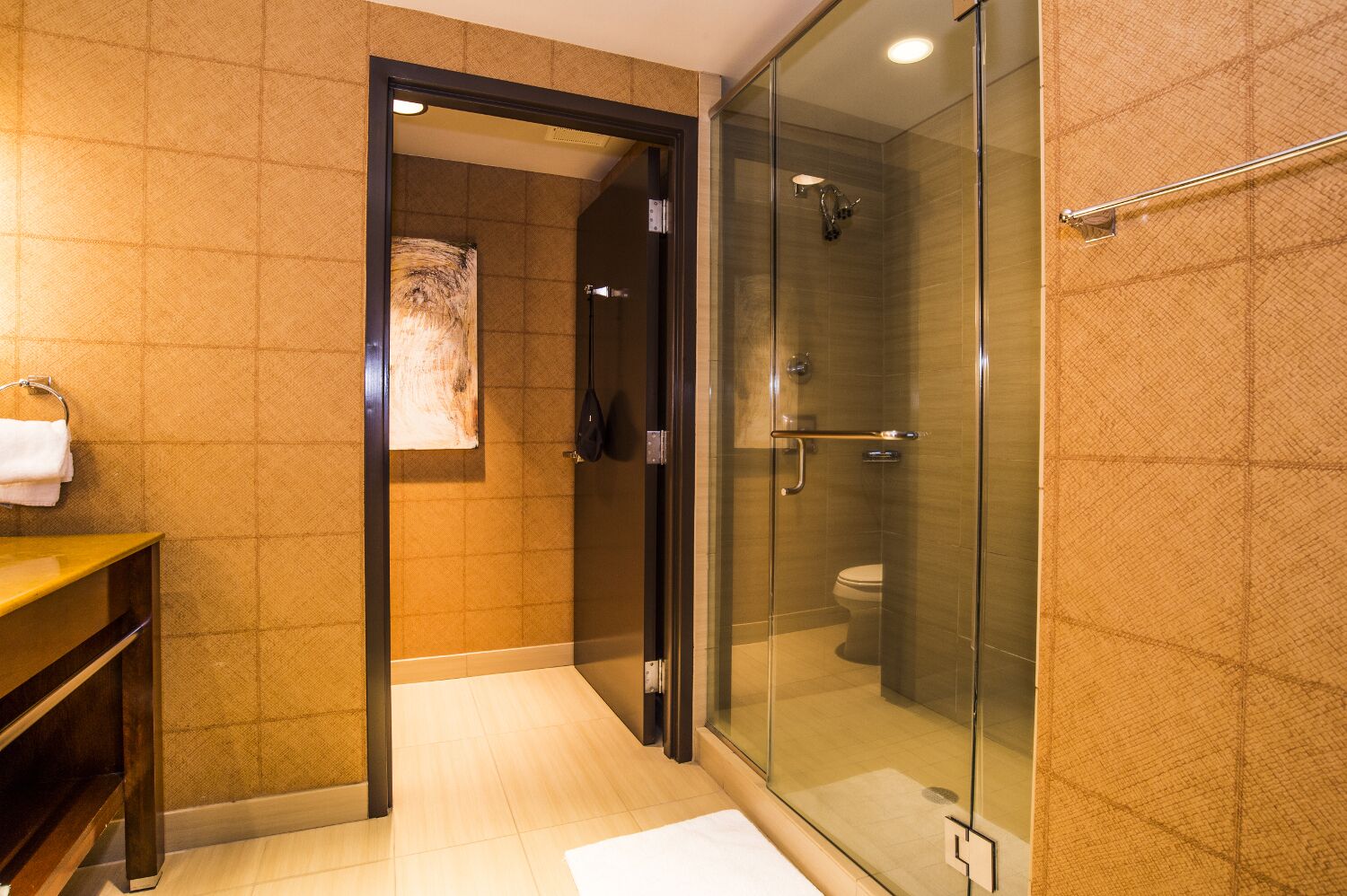 designer toiletries, hair dryer, towels, soap