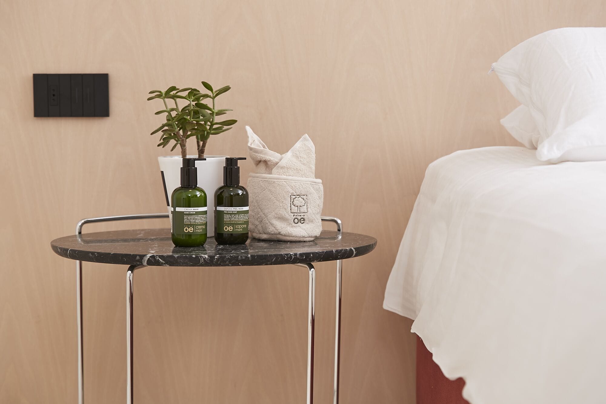 A small table with two bottles of hand cream and a towel, a potted plant, and a wall-mounted light switch.